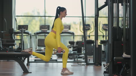 Sportive-woman-is-doing-lunges-for-legs-with-dumbbells-in-her-hands-in-gym.-Young-muscular-hispanic-woman-doing-Lunges-exercise-with-dumbbells-in-the-gym-In-yellow-sportswear